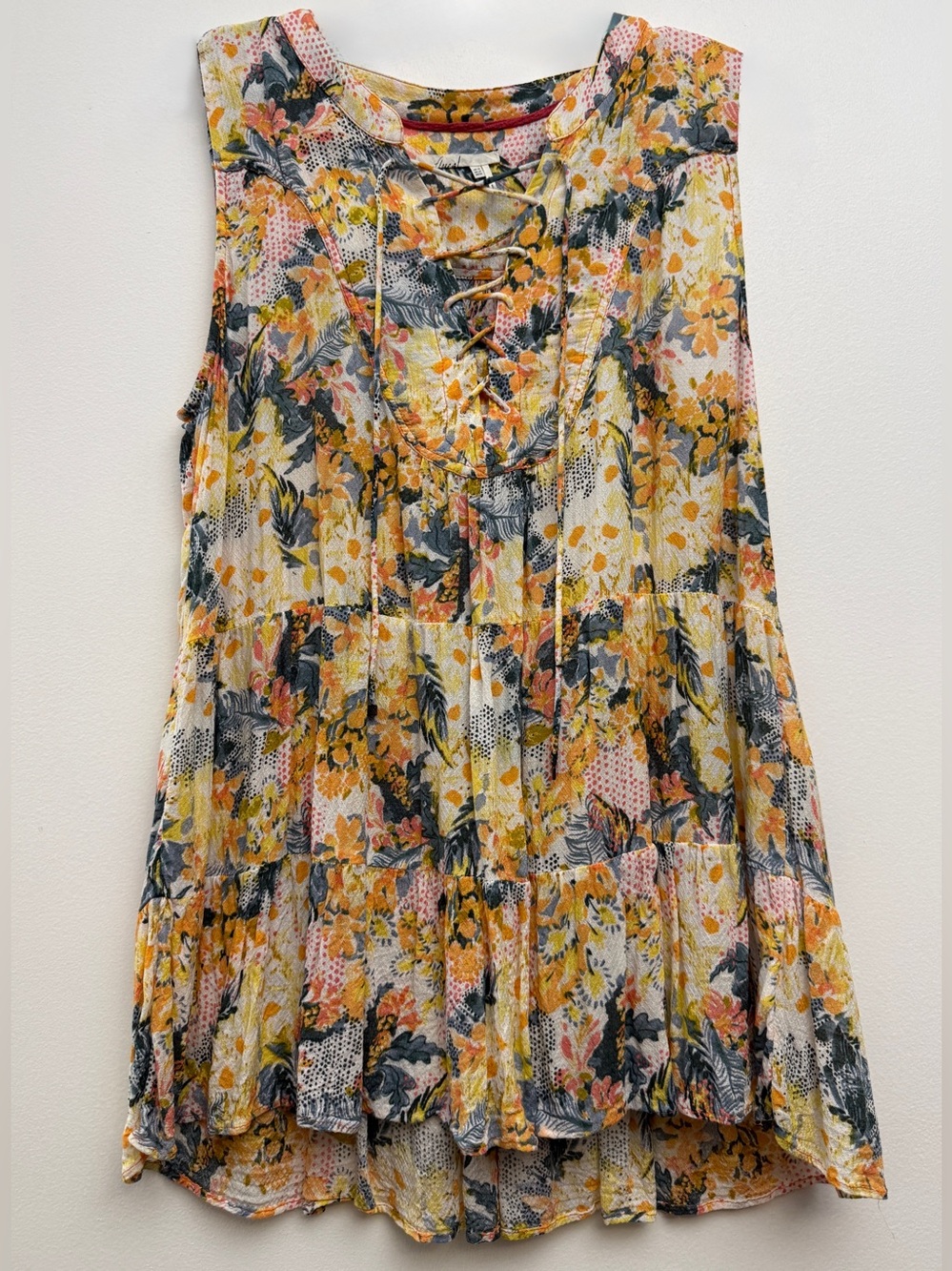 Anthropologie Floreat "Anafa" Tiered Top with Floral Print and Lace-up Front